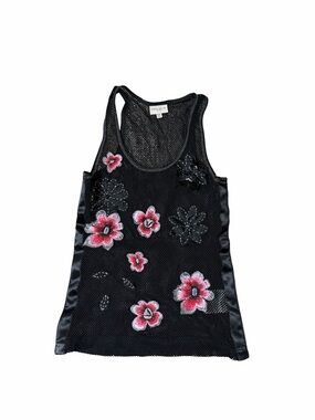 Karen Millen Women's Floral Mesh Tank Top US 8 Black Embellished